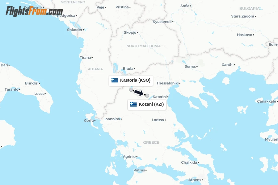 Flights from Kastoria to Kozani route map