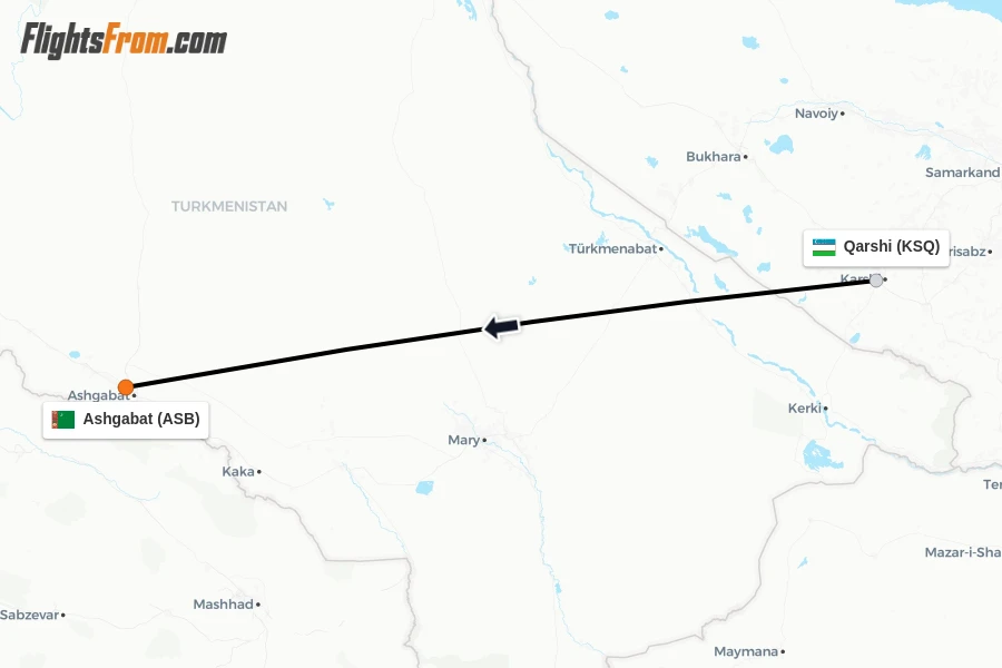 Flights from Qarshi to Ashgabat route map