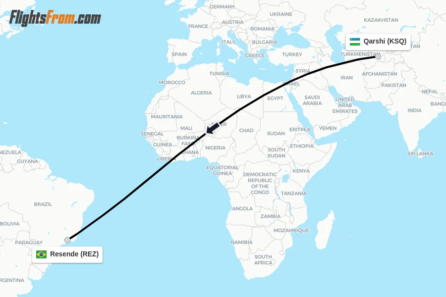 Flights from Qarshi to Resende route map