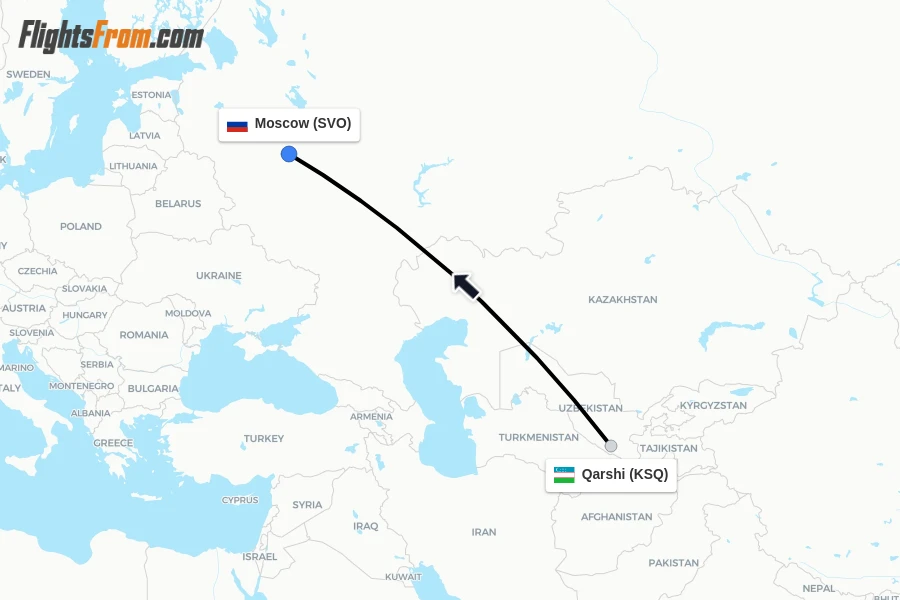 Flights from Qarshi to Moscow route map
