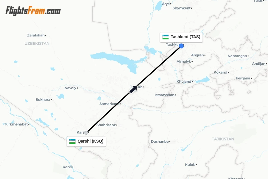 Flights from Qarshi to Tashkent route map