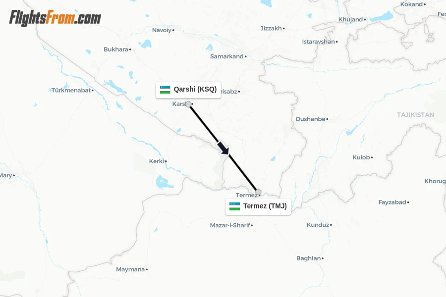 Flights from Qarshi to Termez route map