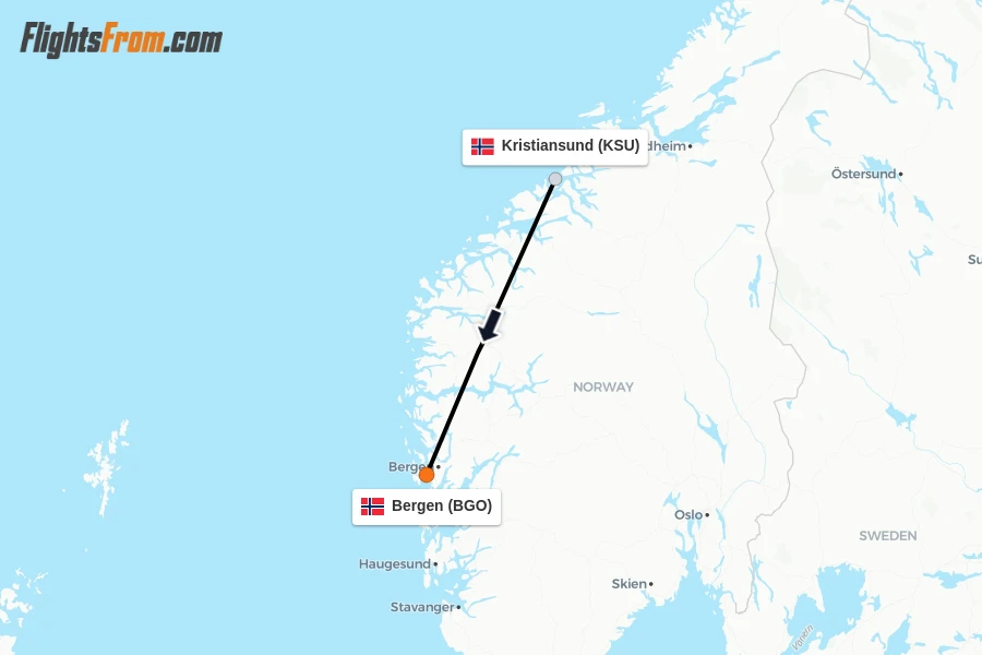 Flights from Kristiansund to Bergen route map