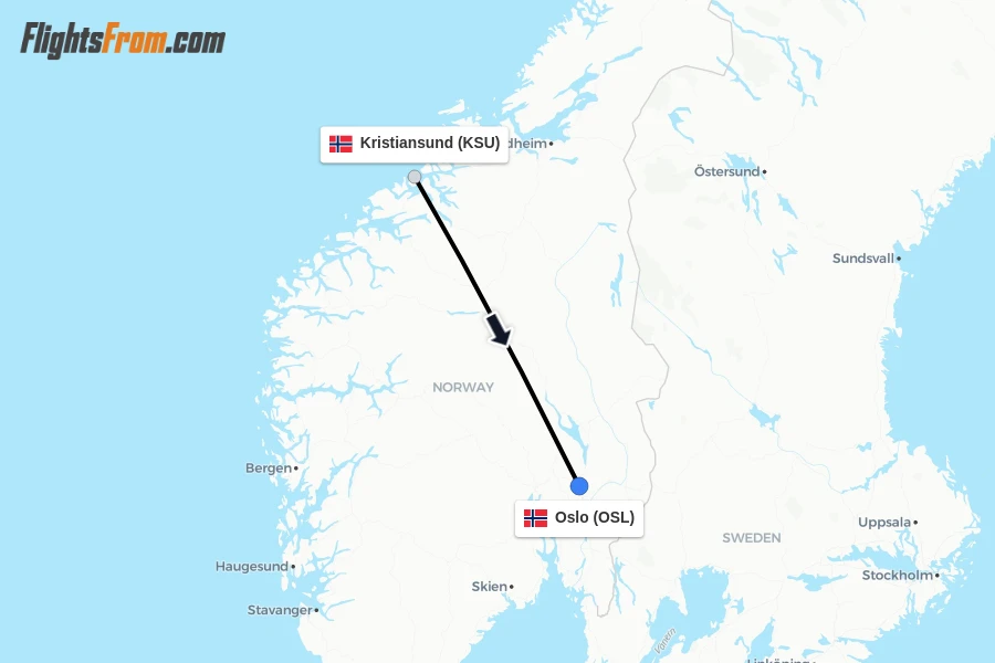 Flights from Kristiansund to Oslo route map
