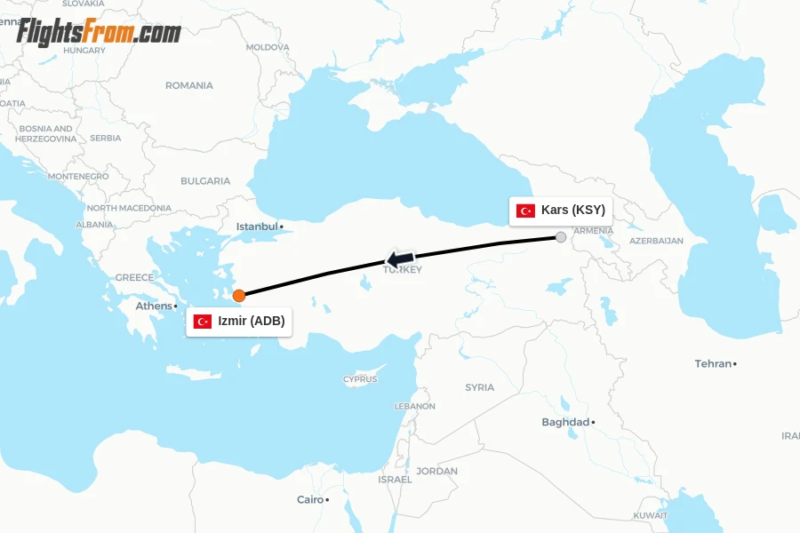Flights from Kars to Izmir route map