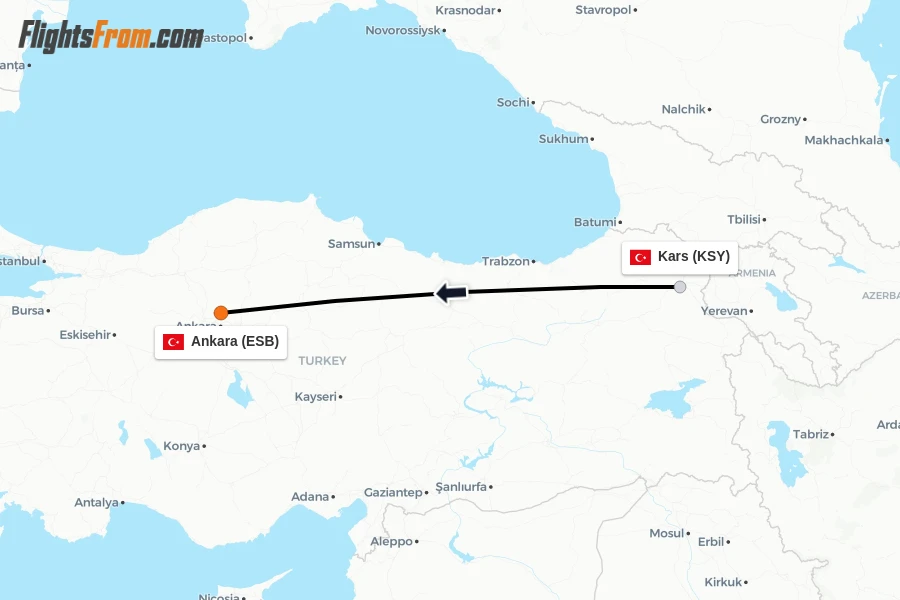 Flights from Kars to Ankara route map