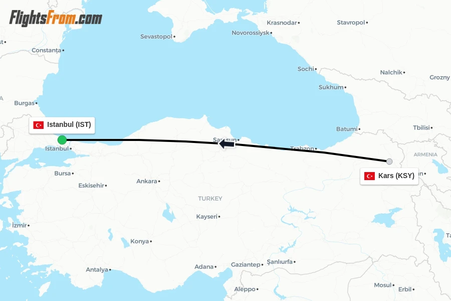 Flights from Kars to Istanbul route map