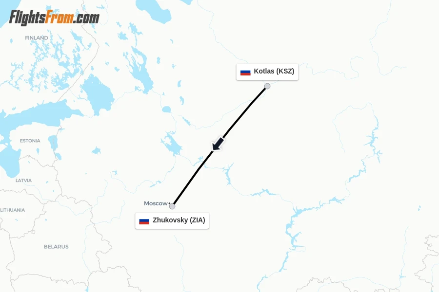Flights from Kotlas to Zhukovsky route map