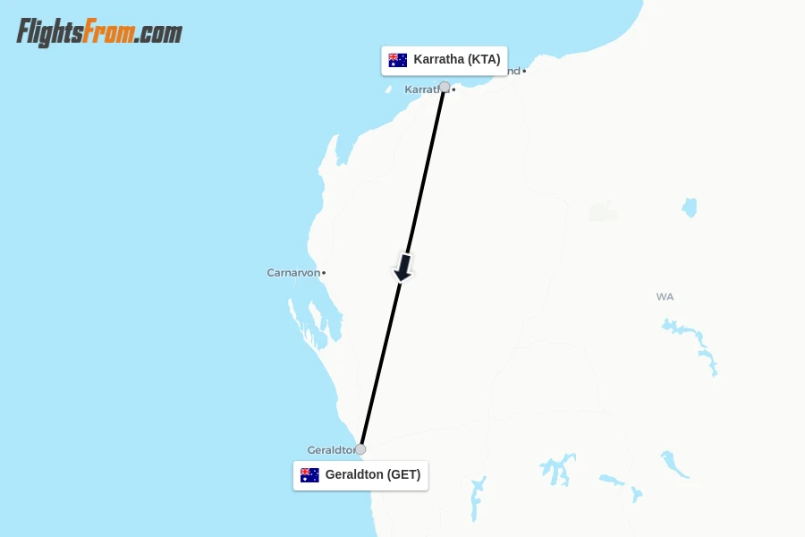 Flights from Karratha to Geraldton route map