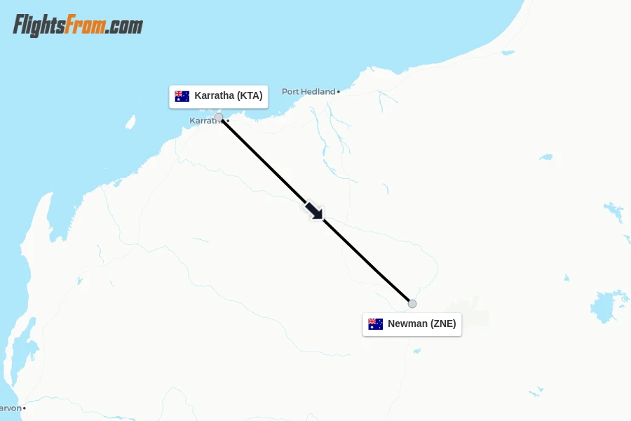 Flights from Karratha to Newman route map