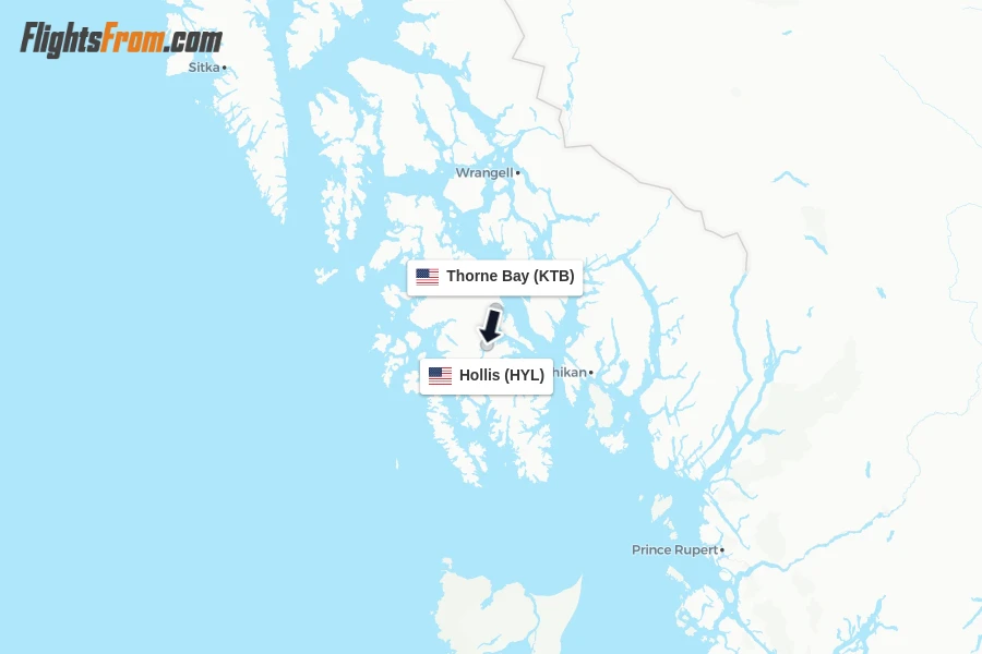 Flights from Thorne Bay to Hollis route map
