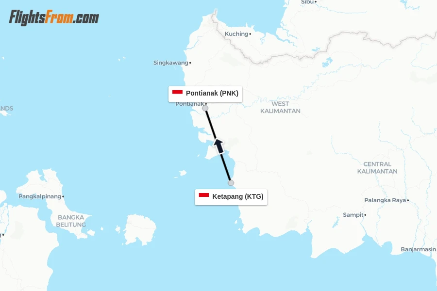 Flights from Ketapang to Pontianak route map