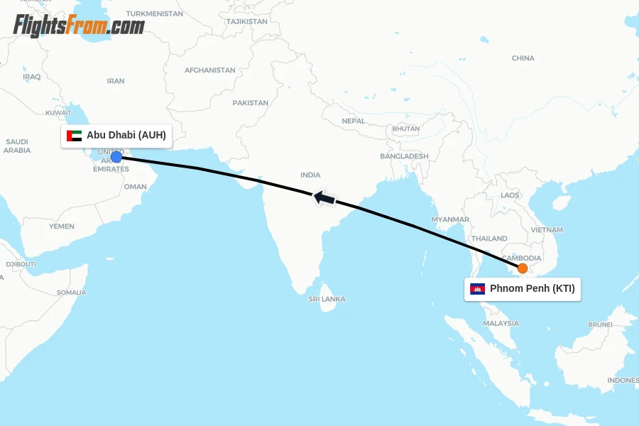 Flights from Phnom Penh to Abu Dhabi route map