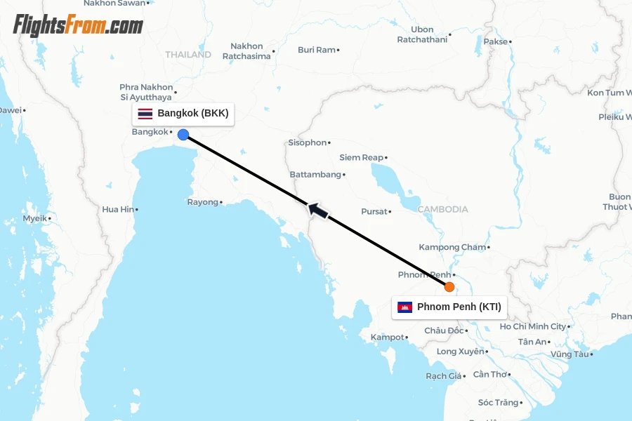 Flights from Phnom Penh to Bangkok route map