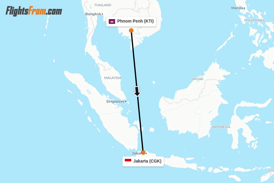 Flights from Phnom Penh to Jakarta route map