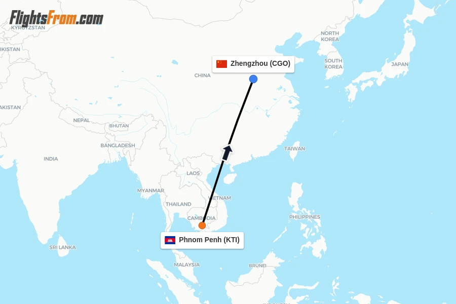 Flights from Phnom Penh to Zhengzhou route map