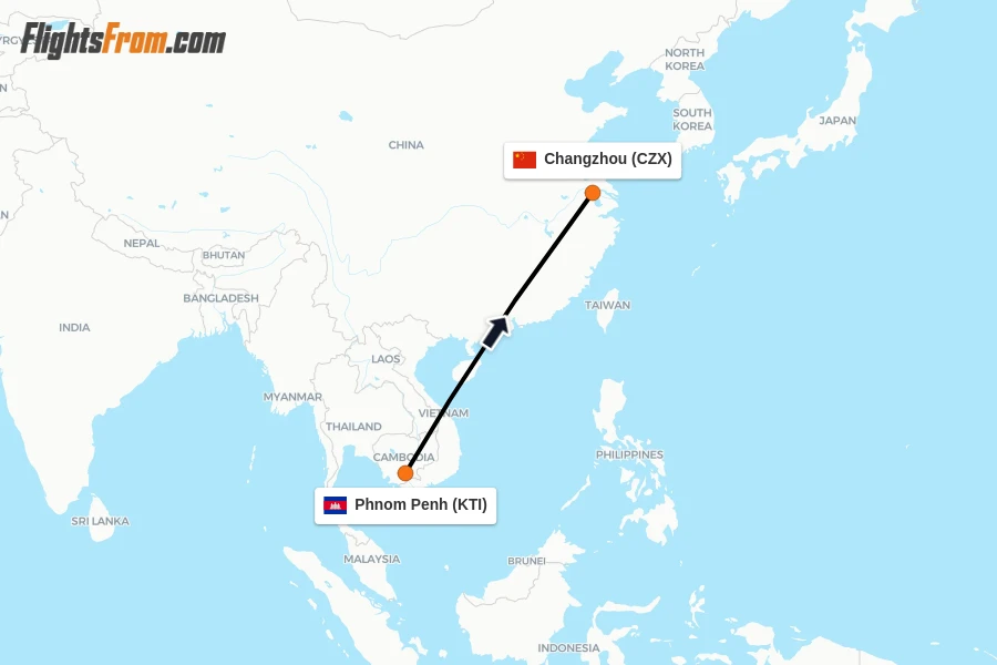 Flights from Phnom Penh to Changzhou route map