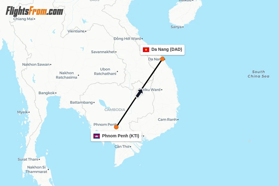 Flights from Phnom Penh to Da Nang route map