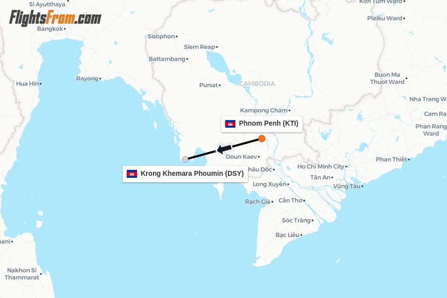 Flights from Phnom Penh to Krong Khemara Phoumin route map