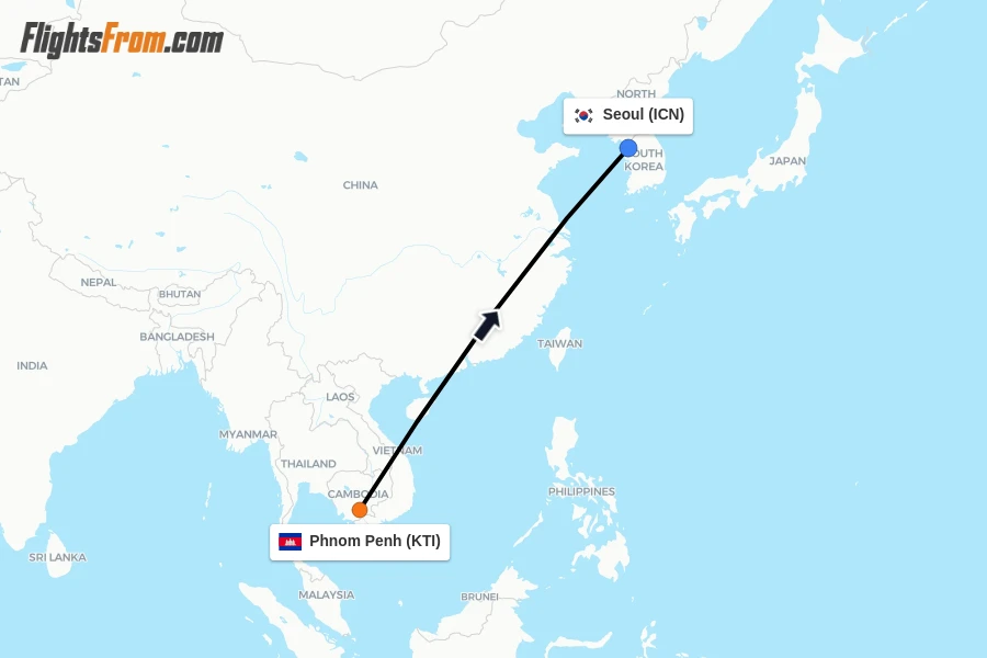Flights from Phnom Penh to Seoul route map