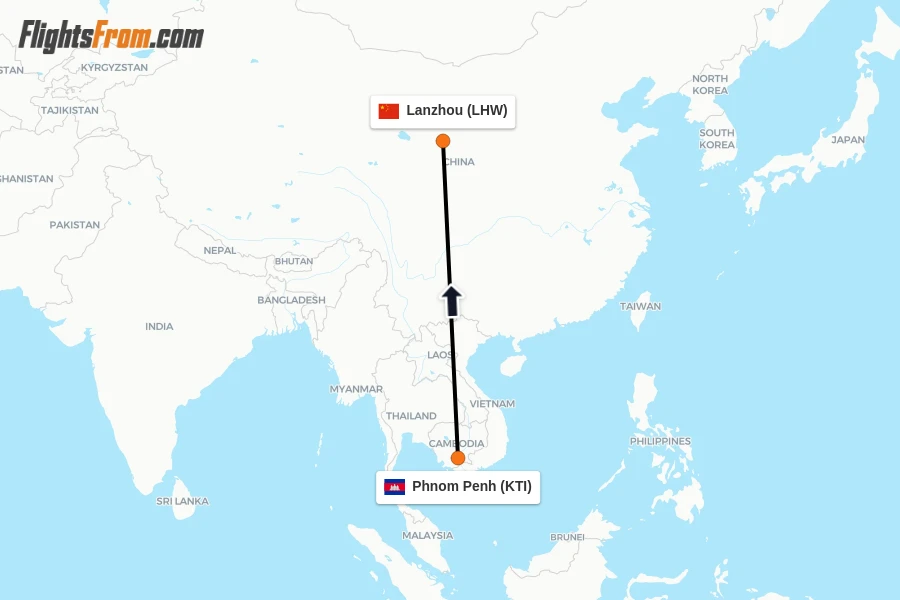 Flights from Phnom Penh to Lanzhou route map