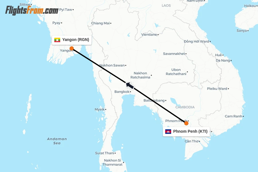 Flights from Phnom Penh to Yangon route map