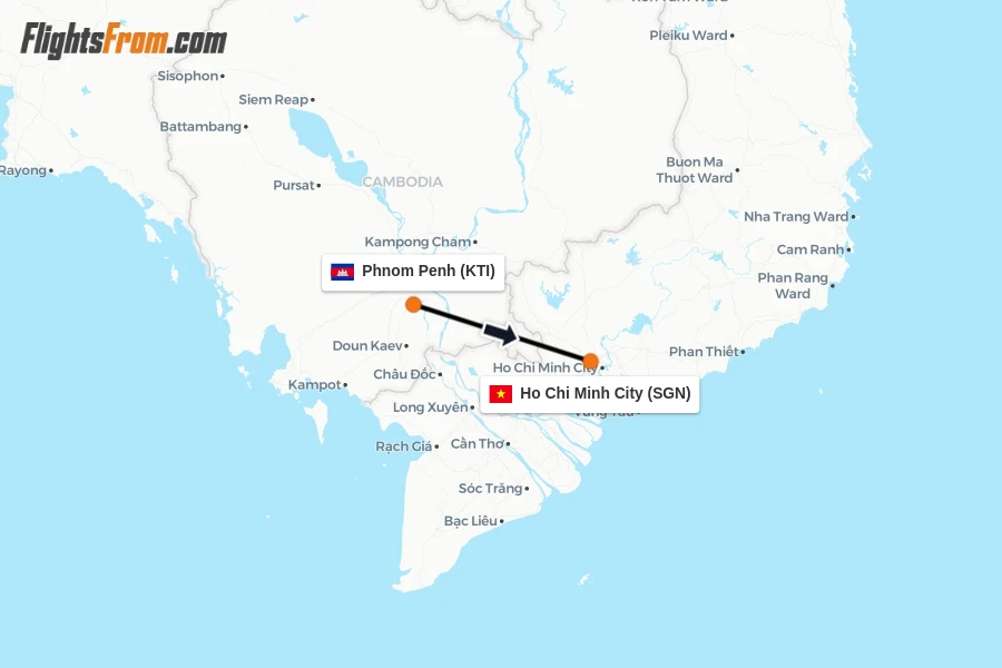 Flights from Phnom Penh to Ho Chi Minh City route map