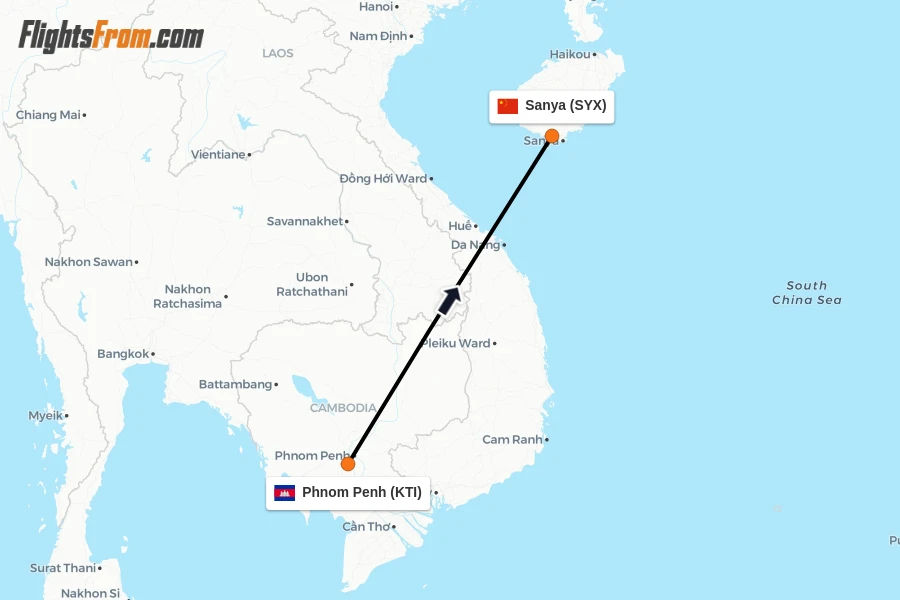Flights from Phnom Penh to Sanya route map