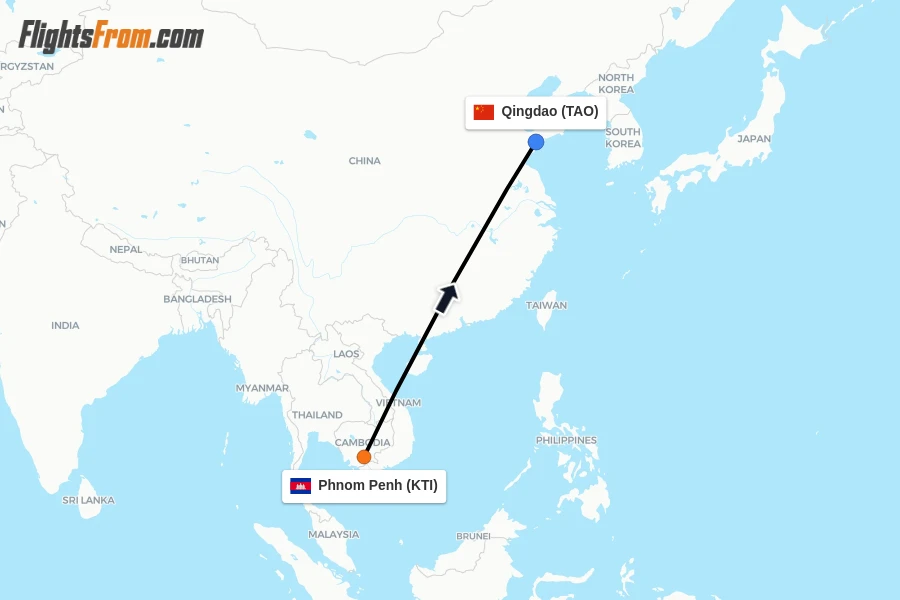 Flights from Phnom Penh to Qingdao route map