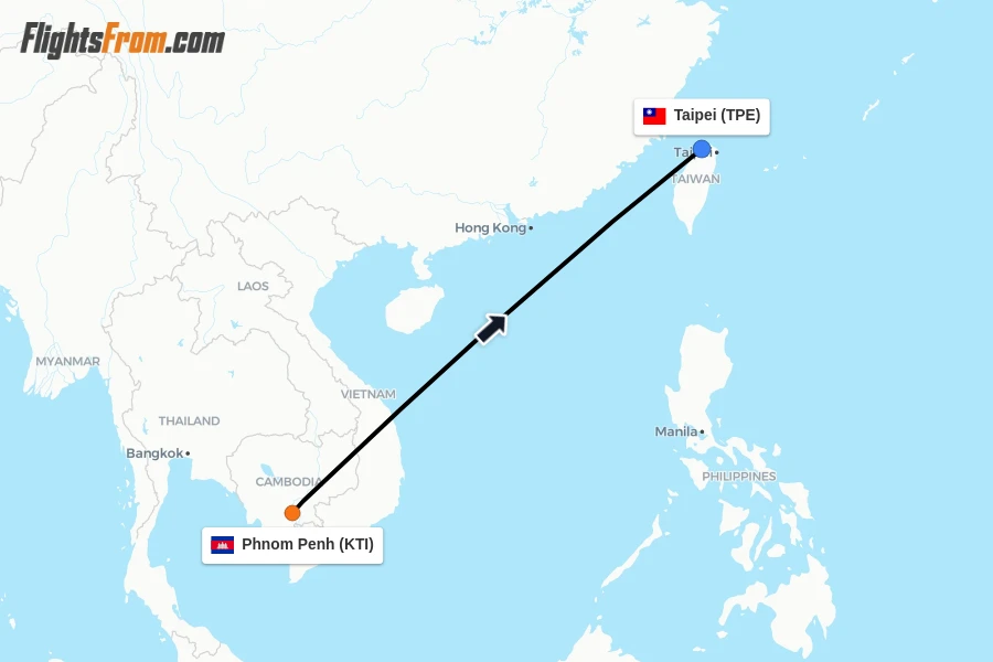 Flights from Phnom Penh to Taipei route map