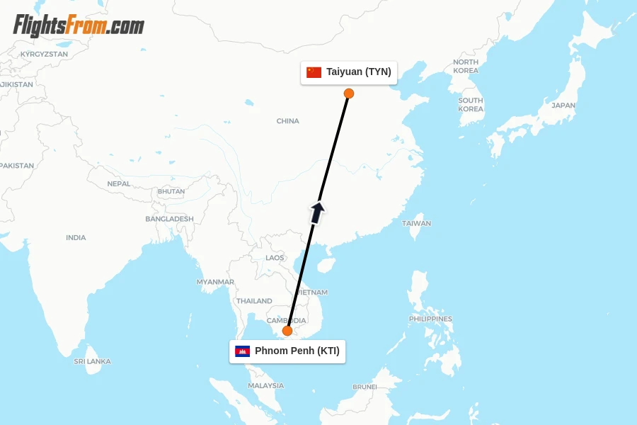 Flights from Phnom Penh to Taiyuan route map