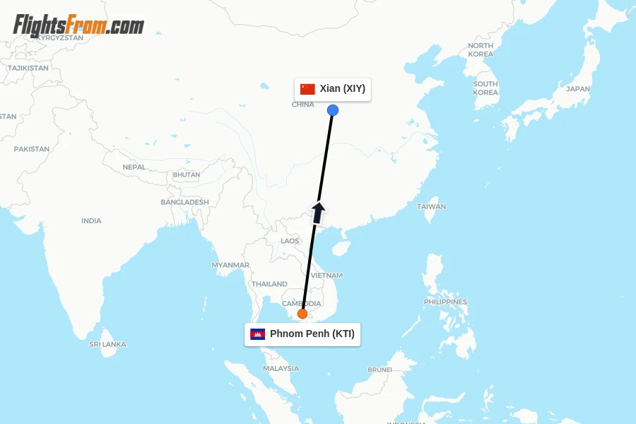Flights from Phnom Penh to Xian route map