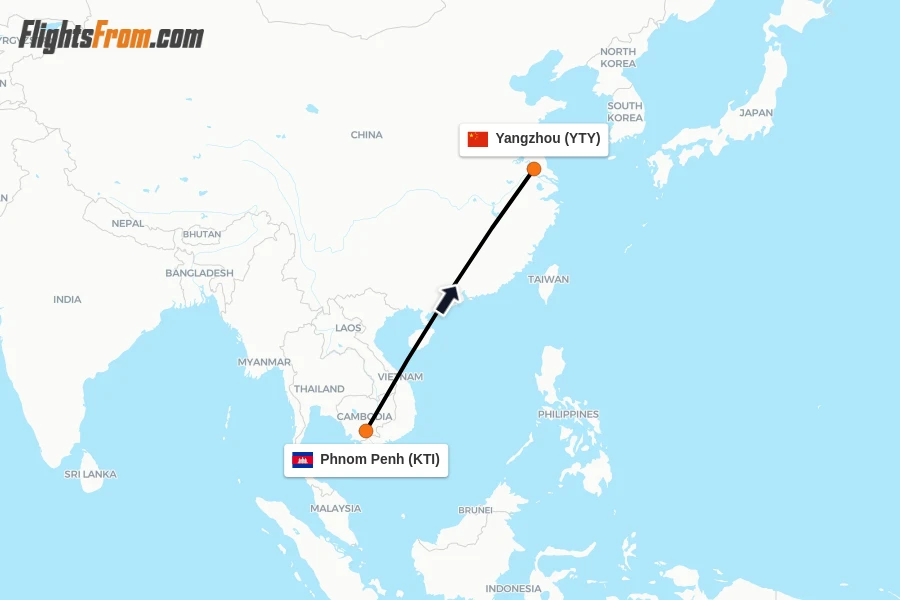 Flights from Phnom Penh to Yangzhou route map