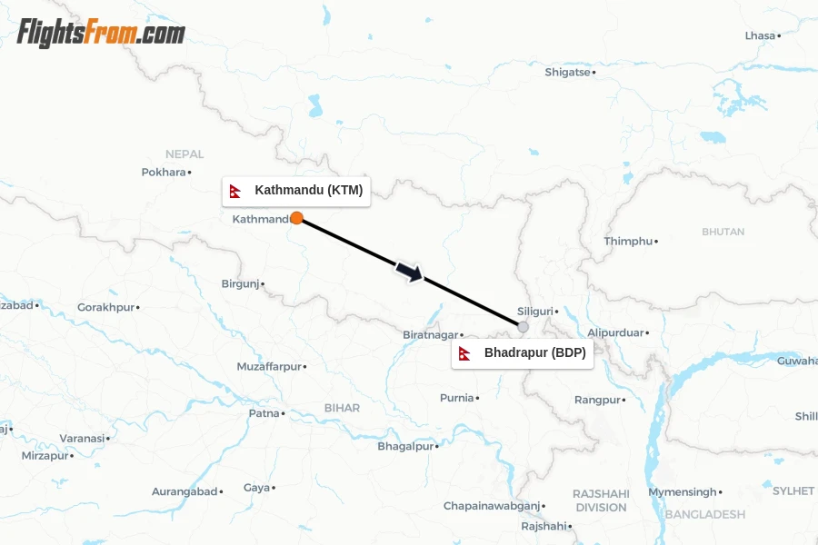 Flights from Kathmandu to Bhadrapur route map