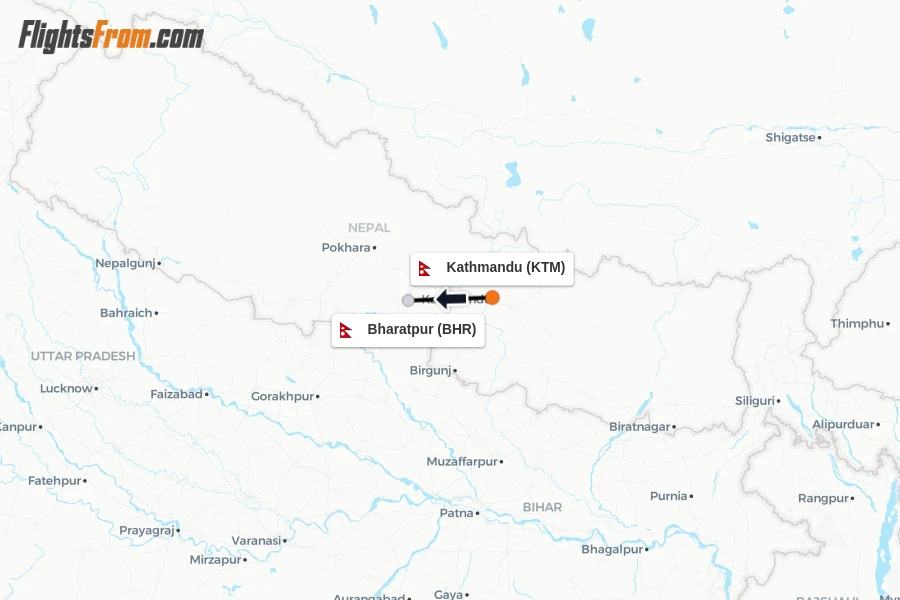 Flights from Kathmandu to Bharatpur route map