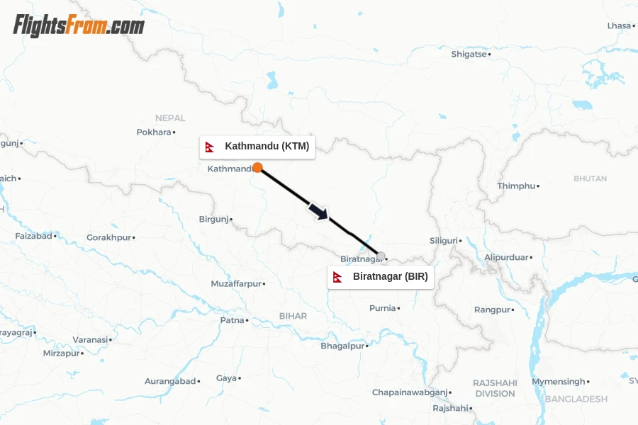 Flights from Kathmandu to Biratnagar route map