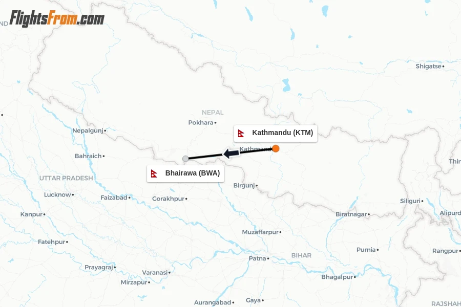 Flights from Kathmandu to Bhairawa route map