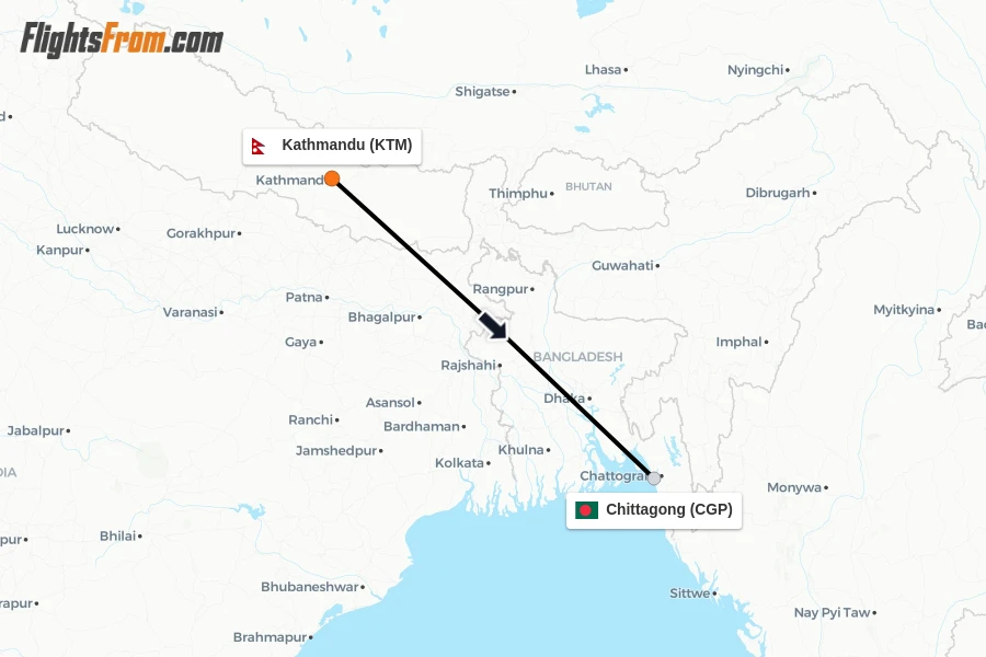 Flights from Kathmandu to Chittagong route map
