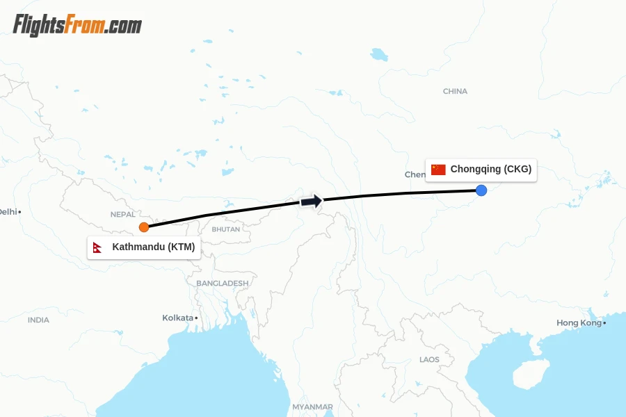 Flights from Kathmandu to Chongqing route map