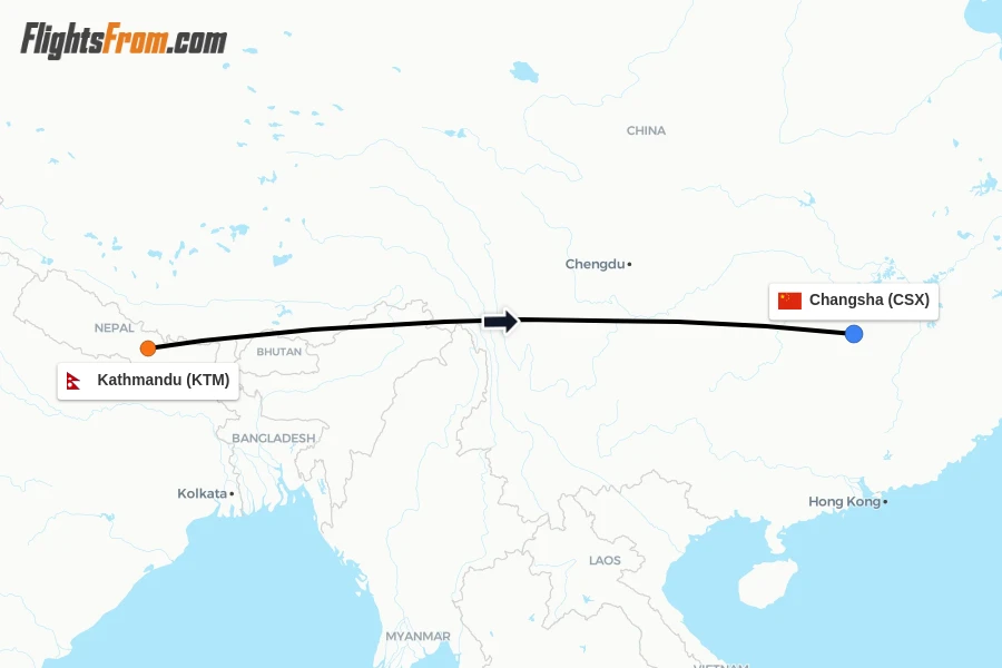 Flights from Kathmandu to Changsha route map