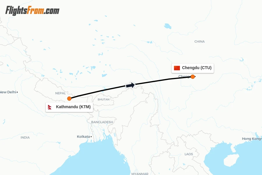 Flights from Kathmandu to Chengdu route map