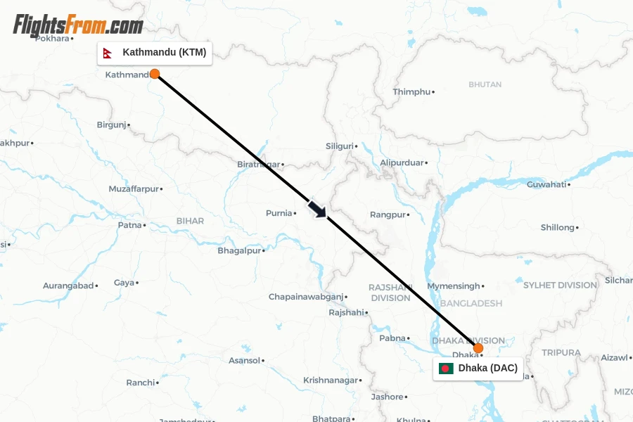 Flights from Kathmandu to Dhaka route map