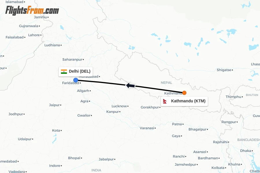 Flights from Kathmandu to Delhi route map