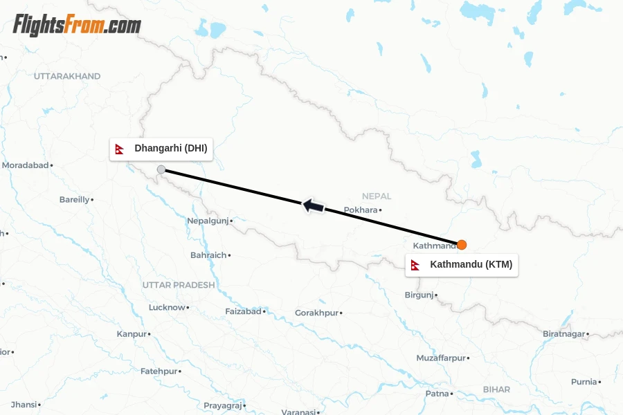 Flights from Kathmandu to Dhangarhi route map