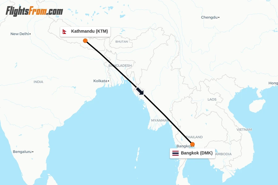 Flights from Kathmandu to Bangkok route map