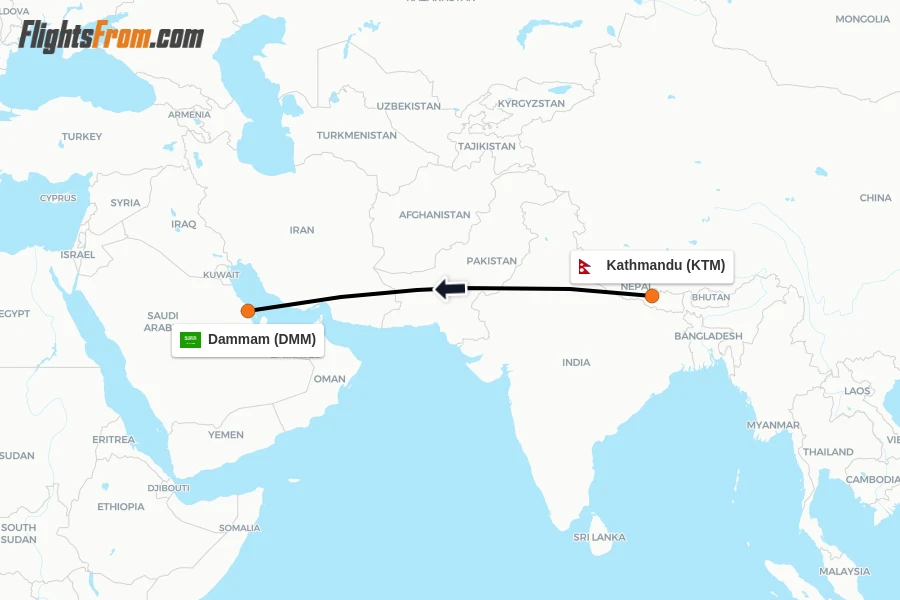 Flights from Kathmandu to Dammam route map