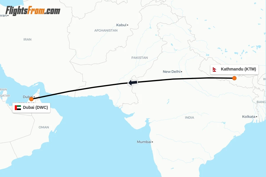 Flights from Kathmandu to Dubai route map