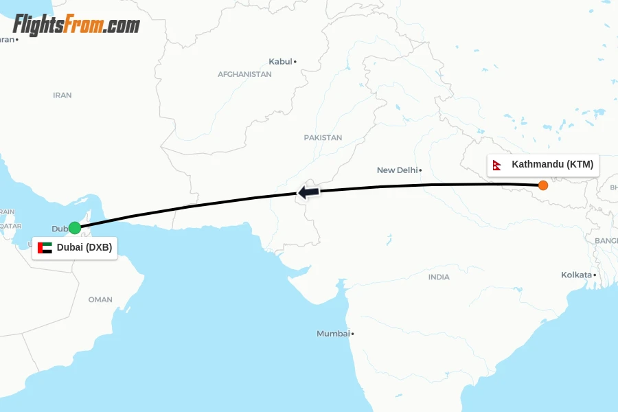 Flights from Kathmandu to Dubai route map