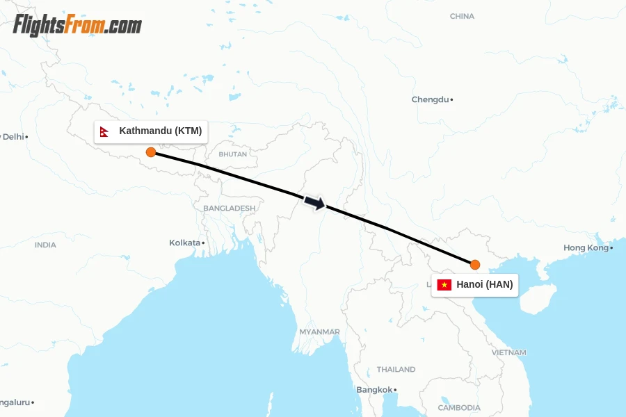 Flights from Kathmandu to Hanoi route map