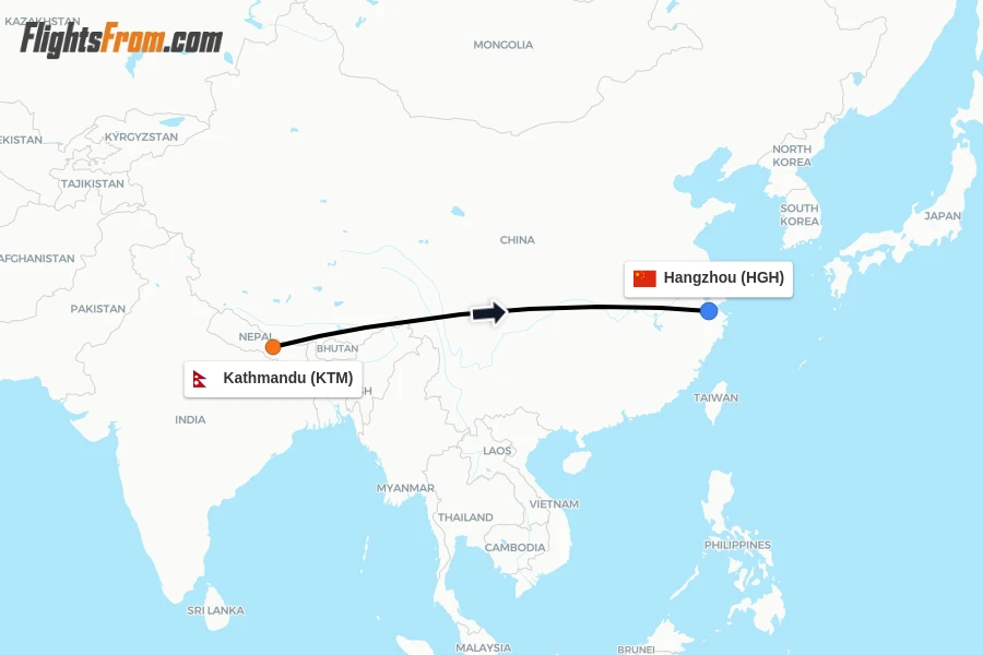 Flights from Kathmandu to Hangzhou route map